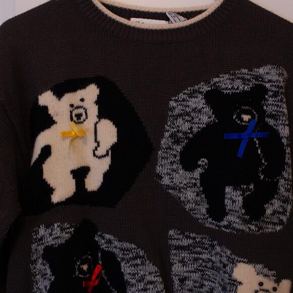 Kawaii VTG Bear Sweater AJ Friends Ribbon Cozy 90s Wool Blend M | Soft Autumn - Picture 3 of 10